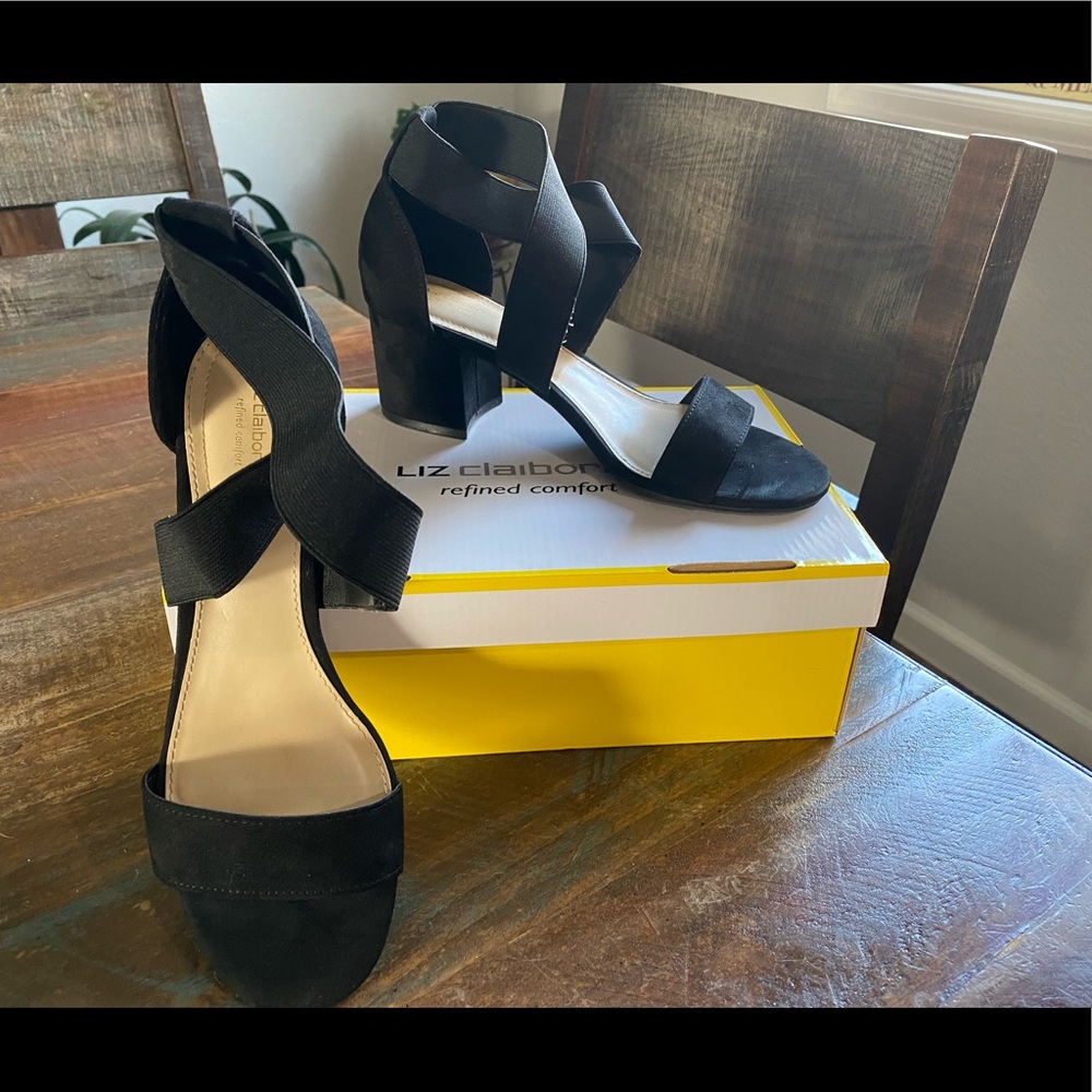 Liz Claiborne black suede, open toe 2 inch heels